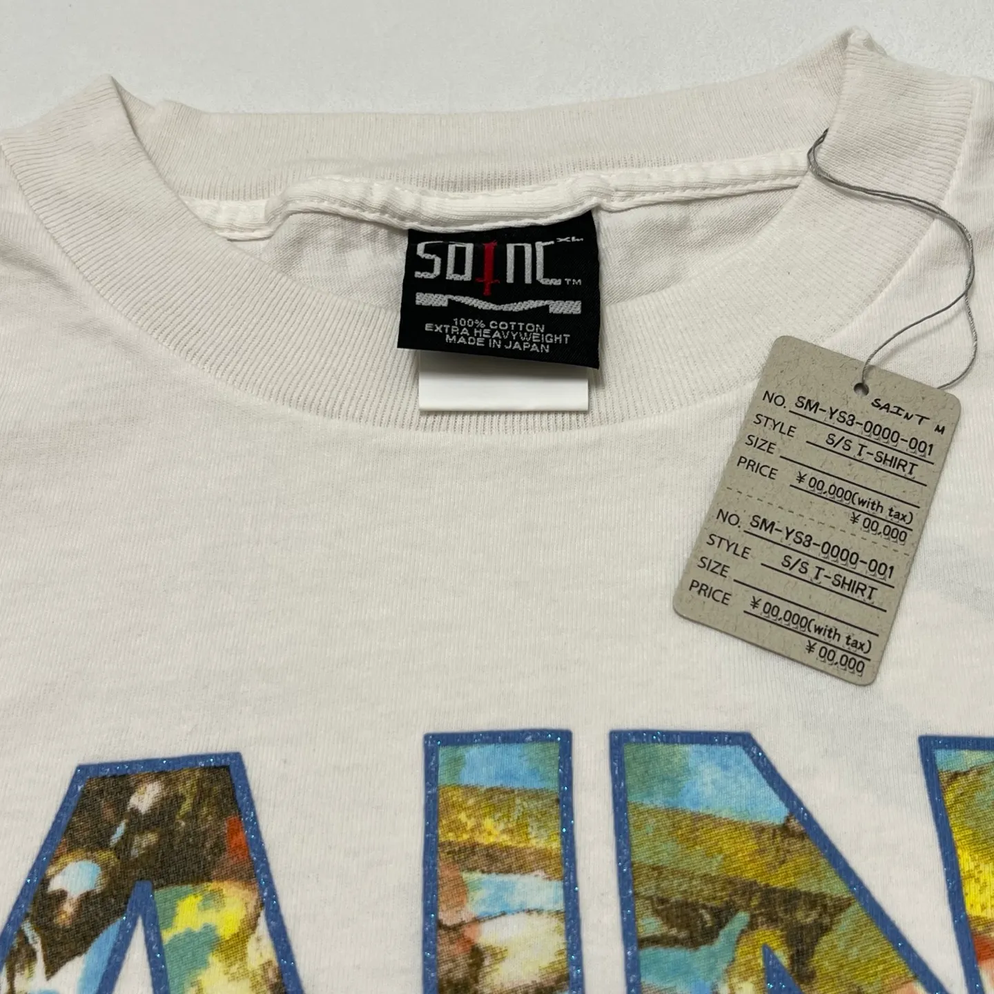 SAINT Mxxxxxx SS TEE/SUPER DIRTY/WHT oil painting SAINT SUPER DIRTY slogan TEE off-white S-XL Made of original OE yarn tube weaving without side seams to distinguish the split fabrics original consistent VINTAGE label/little angel anti-counterfeiting label top printing technology highly restored original details